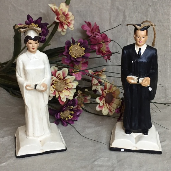 Vintage Chalkware Graduation Figures Dated 1958 - Picture 1 of 15